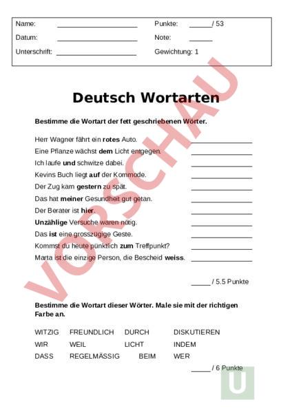 Arbeitsblatt: Wortarten - Deutsch - Grammatik