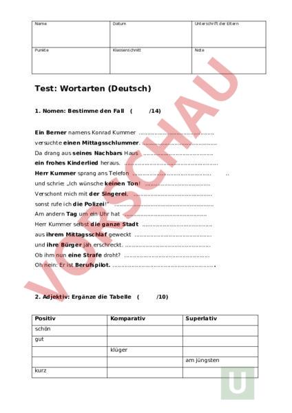 Arbeitsblatt: Test Wortarten - Deutsch - Grammatik