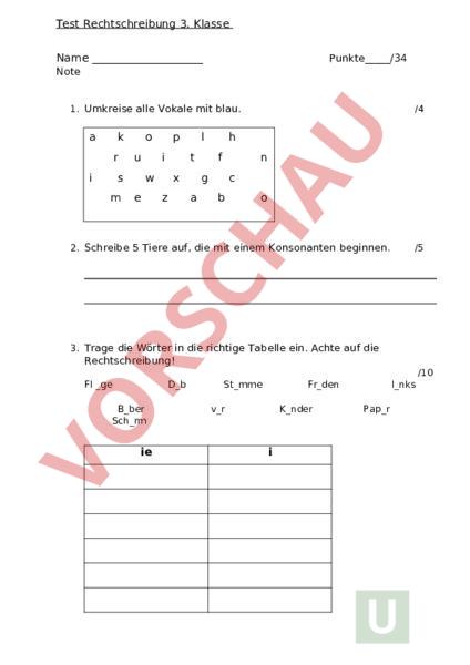 Arbeitsblatt Test Vokale Und Ie Regel Deutsch Grammatik