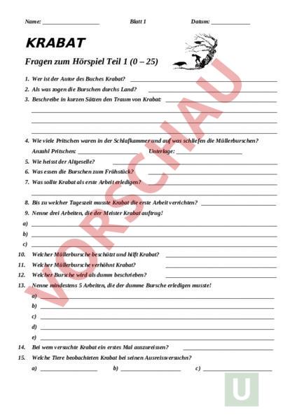 Krabat Klassenarbeit Mit Lösung Kostenlos Arbeitsblatt: Krabat - Deutsch - Leseförderung / Literatur