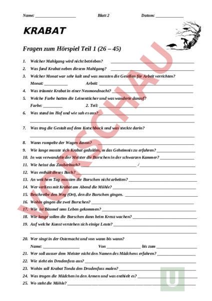 Krabat Klassenarbeit Mit Lösung Kostenlos Arbeitsblatt: Krabat - Deutsch - Leseförderung / Literatur