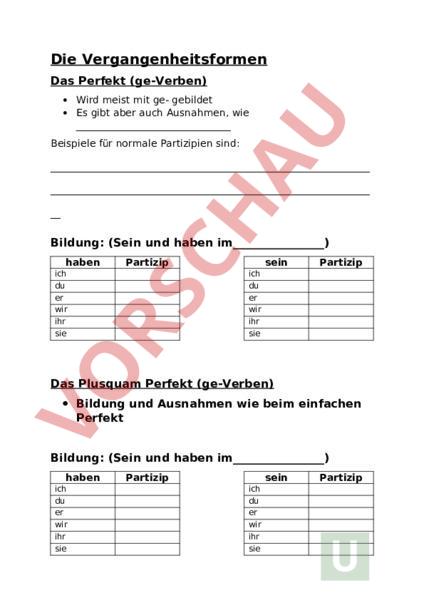 Arbeitsblatt: Die Vergangenheitsformen - Deutsch - Grammatik