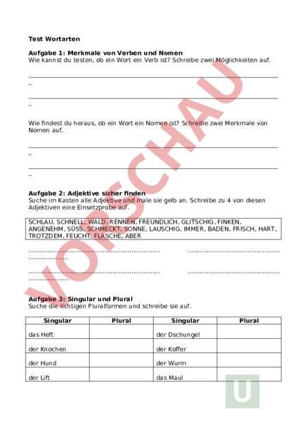 Arbeitsblatt: Test Wortarten - Deutsch - Grammatik