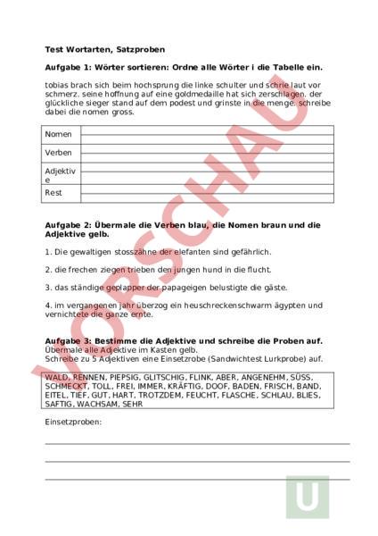 Arbeitsblatt: Test Wortarten, Satzprobe - Deutsch - Grammatik