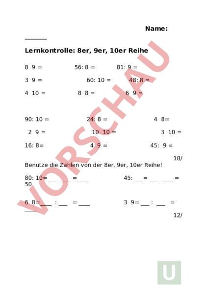 Arbeitsblatt: LK 8er, 9er, 10er Reihe - Mathematik - Multiplikation