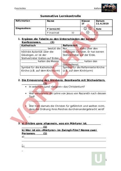 Arbeitsblatt Lernkontrolle Reformation Geschichte Neuzeit