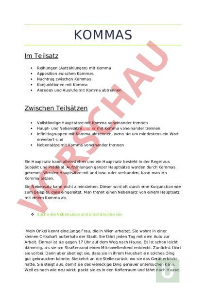 Arbeitsblatt Kommas Deutsch Grammatik