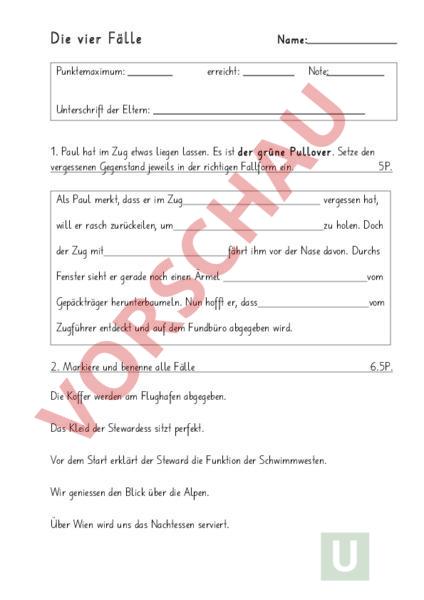 Arbeitsblatt: Test die vier Fälle - Deutsch - Grammatik