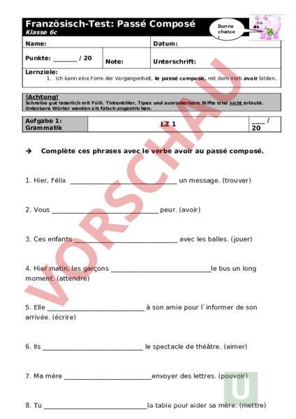 Arbeitsblatt: Test Passé Composé - Französisch - Grammatik