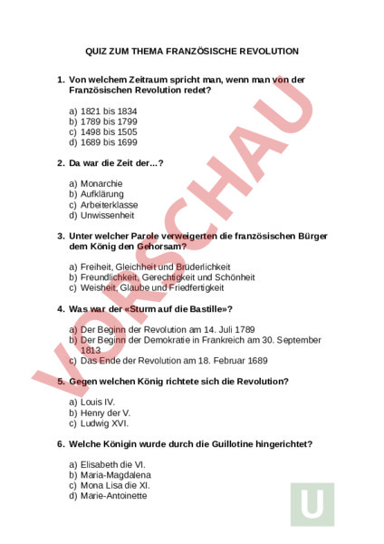 Arbeitsblatt: Quizz zur Französischen Revolution - Geschichte - Neuzeit