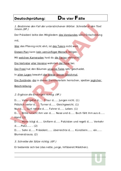 Arbeitsblatt: 4 Fälle Test - Deutsch - Grammatik