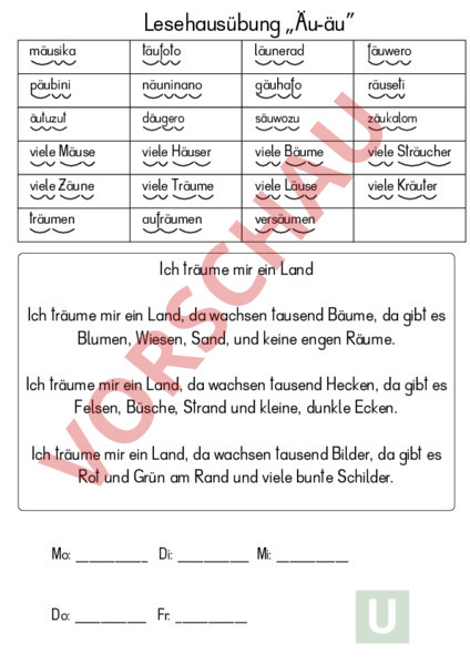 Arbeitsblatt: Lesehausübung - äu - Deutsch - Erstlesen