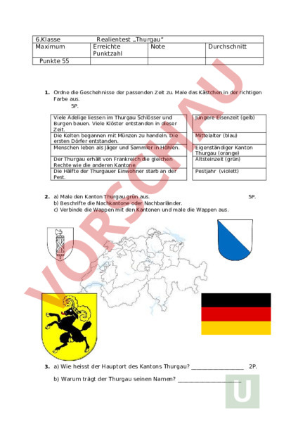 arbeitsblatt prufung thema kanton thurgau 6 klasse geographie schweiz