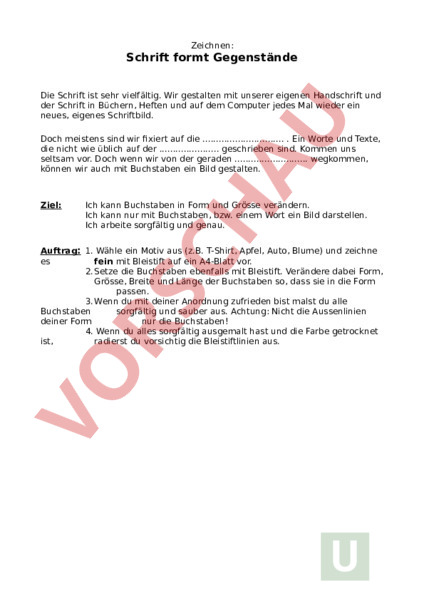 Arbeitsblatt Schrift Formt Gegenstande Bildnerisches Gestalten Anderes Thema