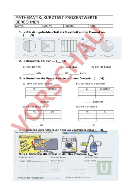 Arbeitsblatt: Prozentwerte berechnen Kurztest - Mathematik ...