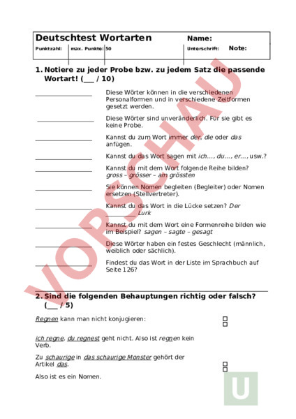 Arbeitsblatt: Test Wortarten - Deutsch - Grammatik