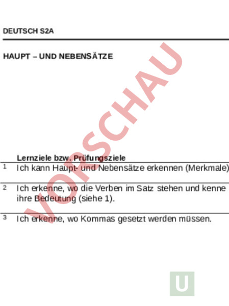 Arbeitsblatt: Lernziele Haupt- und Nebensätze - Deutsch - Grammatik