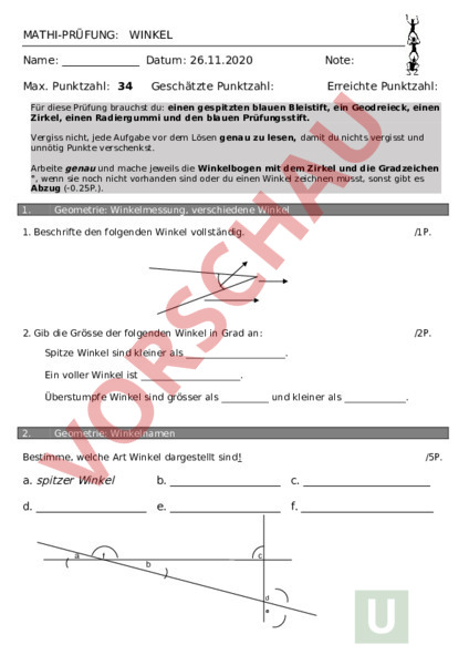 Arbeitsblatt: Winkel - Geometrie - Winkel