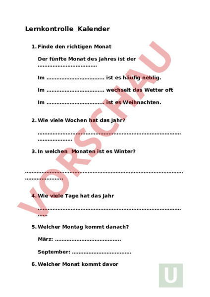 Arbeitsblatt Kalender Lebenskunde Anderes Thema