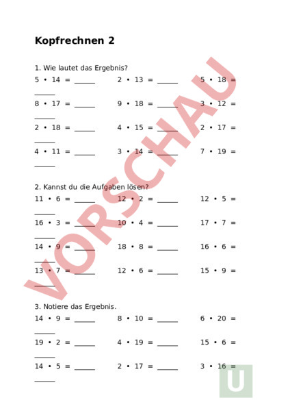 Arbeitsblatt: Kopfrechnen 2 - Mathematik - Multiplikation