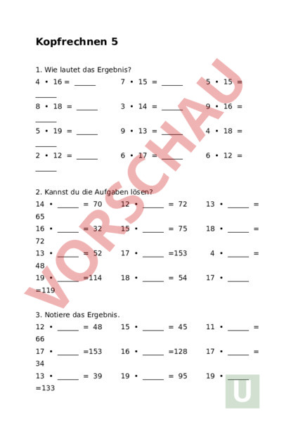 Arbeitsblatt: Kopfrechnen 5 - Mathematik - Multiplikation