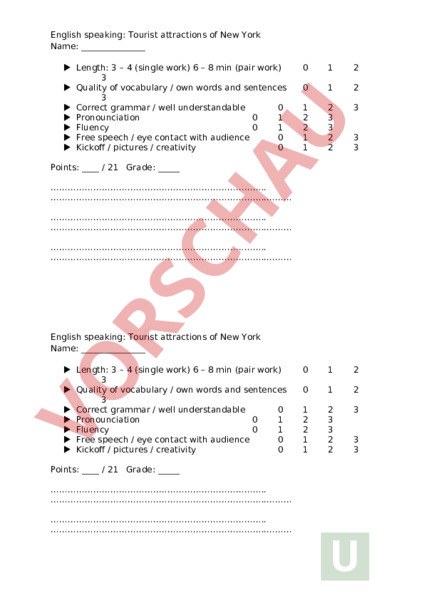 Bewertungsraster Englisch Sek I Arbeitsblatt: Bewertungsraster English speaking - Englisch - Anderes Thema