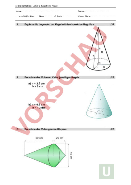 Pyramide Kegel Kugel Aufgaben Mit Lösungen Pdf Arbeitsblatt: Kegel und Kugel - Geometrie - Körper / Figuren
