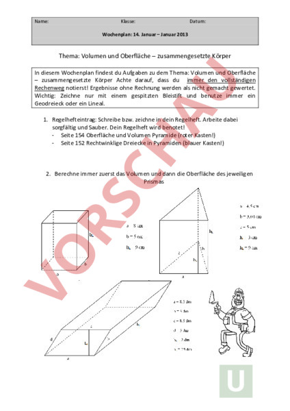 Pythagoras In Figuren Und Körpern Aufgaben Mit Lösungen Arbeitsblatt: Wochenplan: Volumen und Pythagoras - Geometrie - Körper