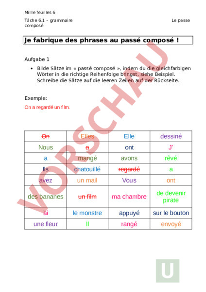 Arbeitsblatt: passé composé mf6.1 - Französisch - Grammatik