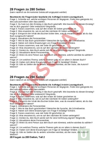 Arbeitsblatt: 28 Fragen zu 280 Seiten - Deutsch - Leseförderung / Literatur