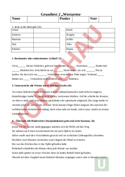 Arbeitsblatt: Test Wortarten - Deutsch - Grammatik