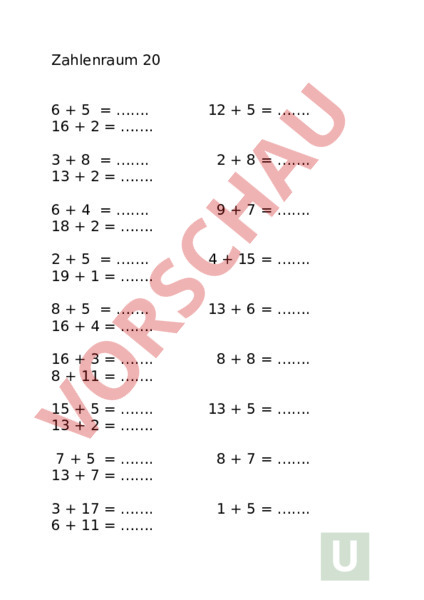 Arbeitsblatt: Zahlenraum 20 - Mathematik - Addition