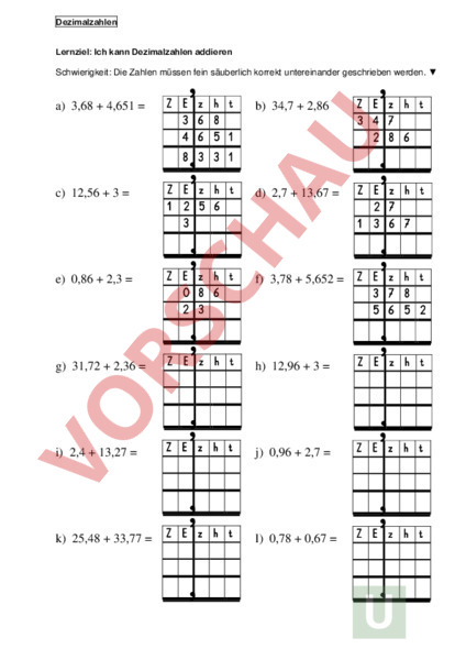 Dezimalzahlen Addieren Und Subtrahieren übungen Pdf Arbeitsblatt: Dezimalzahlen addieren - Mathematik - Addition