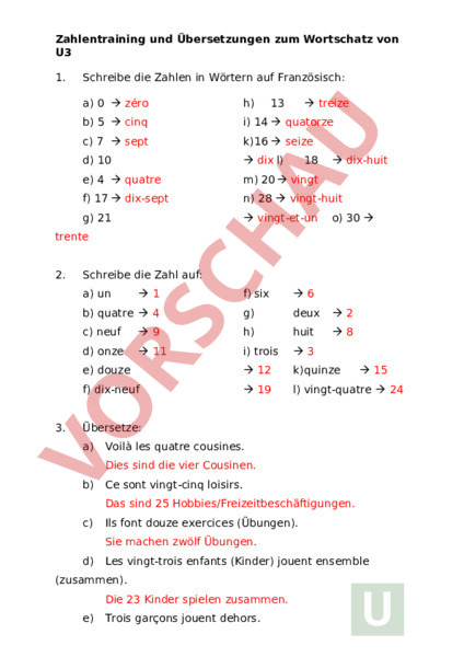 Arbeitsblatt: Zahlentrainung und Übersetzung unité 3 - Französisch ...