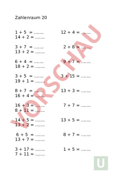 Arbeitsblatt: Zahlenraum 20 - Mathematik - Addition