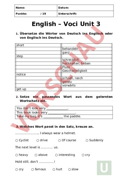 Arbeitsblatt: Vocitest Unit 3 YW3 - Englisch - Wortschatz