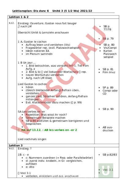 Arbeitsblatt: Dis donc 6 U3 Planung 21_22 - Französisch - Lehrmittel