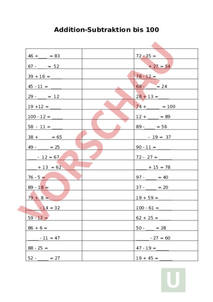 Arbeitsblatt: Addition und Subtraktion bis 100 - Mathematik - Addition