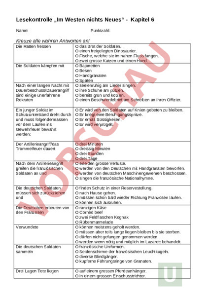 Im Westen Nichts Neues Unterrichtsmaterial Arbeitsblatt: Im Westen nichts Neues - Deutsch - Leseförderung / Literatur