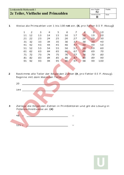 Arbeitsblatt: 2c Formative Lernkontrolle - Mathematik - Gemischte Themen