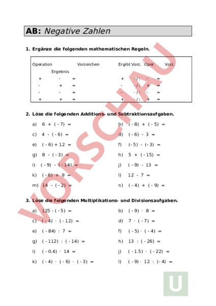 Arbeitsblatt: AB Negative Zahlen - Mathematik - Zahlenbereiche