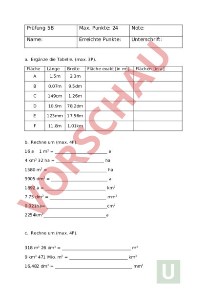 Mathematische Größe Nur Durch Zahlenwert Bestimmt Arbeitsblatt: M: Prüfung Kapitel 3c - Mathematik - Sachrechnen / Grössen