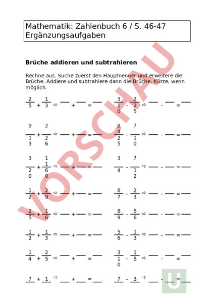 Arbeitsblatt: Brüche addieren und subtrahieren - Mathematik - Brüche