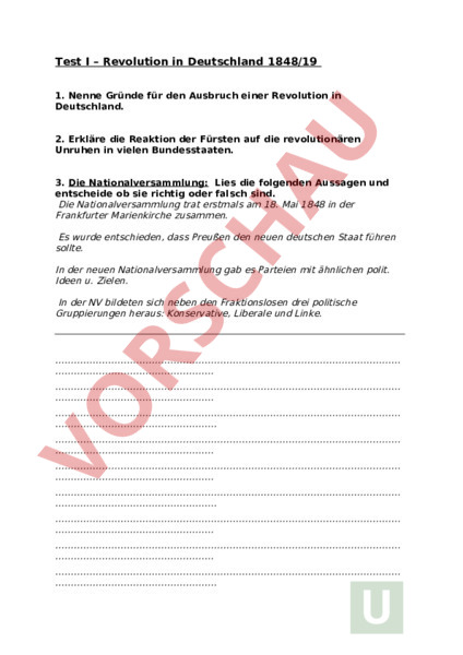 Klasse 8 Geschichte Deutsche Revolution 1848 Arbeitsblatt: Revolution in Deutschland 1848/1849 - Geschichte - Neuzeit