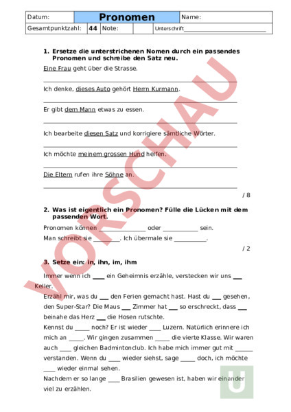 Arbeitsblatt: Lernkontrolle Pronomen - Deutsch - Grammatik