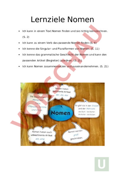Text Nomen Arbeitsblatt: Lernziele Nomen - Deutsch - Grammatik