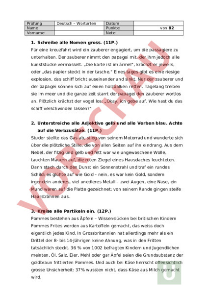 Arbeitsblatt: Wortarten Test - Deutsch - Grammatik