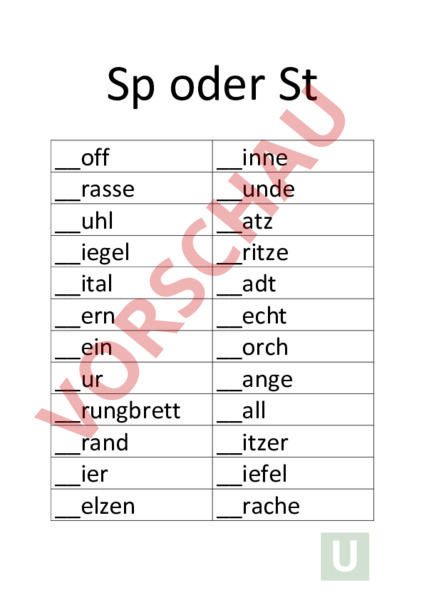 Wörter Mit Sp Und St Arbeitsblatt: Sp oder St - Deutsch - Rechtschreibung