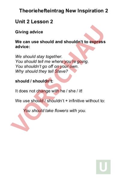 Arbeitsblatt New Inspiration 2 Theoriehefteintrag Unit 2 Lesson 2