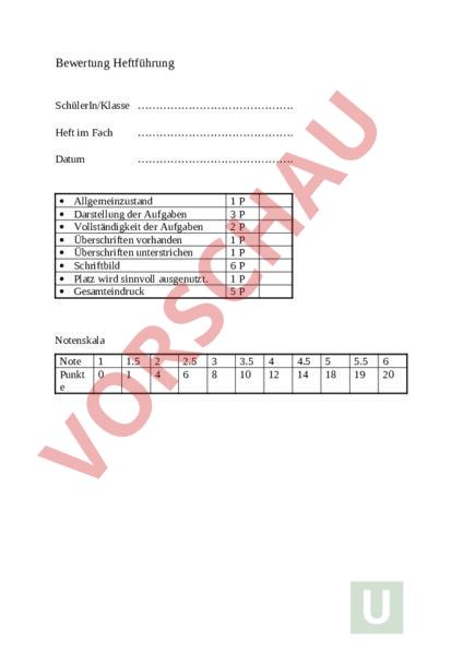 Arbeitsblatt Bewertung Heftf hrung Diverses F cher bergreifend 